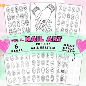 Libro para colorear de arte de uñas glamuroso, VOL. 2, hojas de práctica de diseño de manicura estética, páginas de belleza y moda, PDF imprimible llamativo para todas las edades.