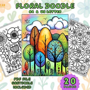 May include: A digital download of a floral doodle coloring book. The cover features a colorful illustration of trees and a grayscale floral design. The text reads "FLORAL DOODLE A4 & US LETTER PDF FILE GREYSCALE INCLUDED 20 PAGES".