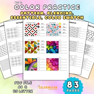 以下が含まれることがあります： 「COLOR PRACTICE」と「PATTERN、BLENDING、ESSENTIALS、COLOR SWATCH」のテキストが入った塗り絵のコレクション。ページには様々なパターン、カラー見本、そして「83 PAGES」のテキストが含まれています。