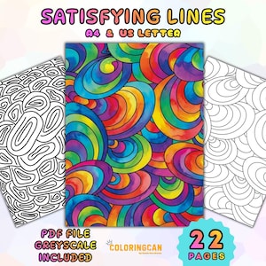 May include: A collection of coloring pages with the text "SATISFYING LINES" and "A4 & US LETTER". The pages feature abstract designs in grayscale and vibrant rainbow colors. The text "PDF FILE GREYSCALE INCLUDED" and "22 PAGES" are also visible.