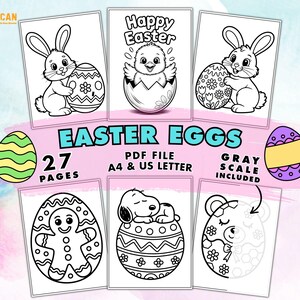 Könnte beinhalten: Oster-Malvorlagen mit Hasen, Küken und verzierten Eiern. Das Bild enthält den Text "EASTER EGGS" und "27 PAGES". Die PDF-Datei ist in den Formaten A4 und US LETTER erhältlich, mit Graustufen enthalten.