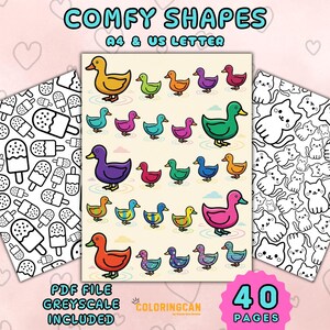 May include: A digital coloring book set titled COMFY SHAPES A4 & US LETTER featuring three pages: a central sheet with colorful ducks of various sizes and patterns, a left sheet with black and white ice cream pops, and a right sheet with cats.