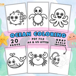 Puede incluir: Un conjunto de 20 páginas para colorear con temática oceánica en formato PDF, con una opción en escala de grises. Las páginas presentan varias criaturas marinas como un pez globo, una tortuga, un pulpo, una ballena, un cangrejo y un rape. El título "Ocean Coloring" se muestra.
