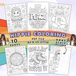 May include: A collection of black and white coloring pages with a hippie theme. The pages feature illustrations of peace signs, roller skates, a disco ball, and a cartoon girl. The text on the image says "HIPPIE COLORING" and "10 PAGES".