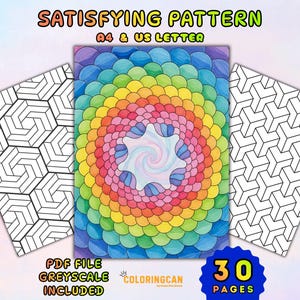 May include: A set of coloring pages with the text "SATISFYING PATTERN" and "A4 & US LETTER". The central page features a vibrant, rainbow-colored spiral design. Two additional pages display geometric patterns in black and white. The image includes the text "PDF FILE GREYSCALE INCLUDED" and "30 PAGES".
