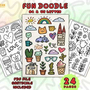 May include: Three coloring pages featuring fun doodle illustrations. The center page displays colorful drawings of a sun, rainbow, cat, car, castle, plants, and ice cream. The side pages contain black and white line art of hearts, flowers, and animals.