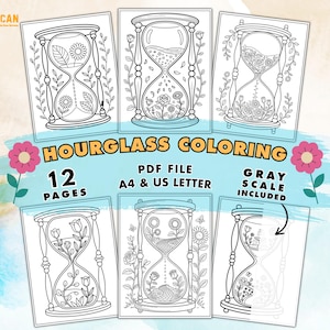 Bloemen zandloper kleurboek, botanische zandloperpagina's voor alle leeftijden, bloemenkunst digitale download afdrukbare pdf