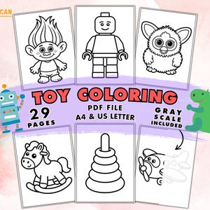 Puede incluir: Una descarga digital de un libro para colorear "Toy Coloring" con 29 páginas, que incluye una opción de escala de grises. La portada presenta varias ilustraciones de juguetes, como un troll, una figura de Lego, un Furby, un caballito balancín, un juguete apilable y un avión.