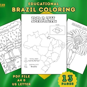 Educational Brazil Coloring Book, Learn Cultural Activity with Map Digital Page, Brazilian Travel Sheet, Printable PDF Workbook for all Ages