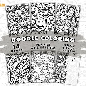 Könnte beinhalten: Eine Sammlung von schwarz-weißen Doodle-Malvorlagen. Die Seiten zeigen verschiedene Designs, darunter skurrile Charaktere, Katzen und abstrakte Muster. Der Text auf dem Bild lautet "DOODLE COLORING", "14 PAGES", "PDF FILE A4 & US LETTER" und "GRAY SCALE INCLUDED".