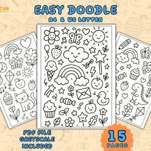 Könnte beinhalten: Drei schwarz-weiß Doodle-Kunstseiten mit verschiedenen Zeichnungen, darunter ein Regenbogen, eine Sonne und Blumen. Der Text "EASY DOODLE" und "A4 & US LETTER" stehen oben. Der Text "PDF FILE GREYSCALE INCLUDED" und "15 PAGES" sind ebenfalls sichtbar.