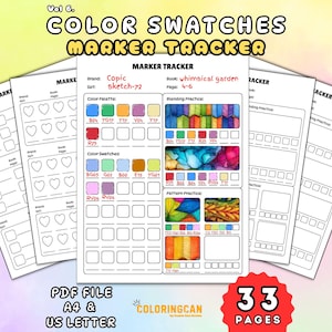 Può includere: Pagine di campioni di colore e tracker per pennarelli. Le pagine includono tavolozze di colori, campioni di colore e aree di pratica per miscelazione e motivi. Le pagine sono etichettate con il testo "Marker Tracker", "Copic" e "Sketch-72". L'immagine include anche il testo "PDF File A4 & US Letter" e "33 Pages".