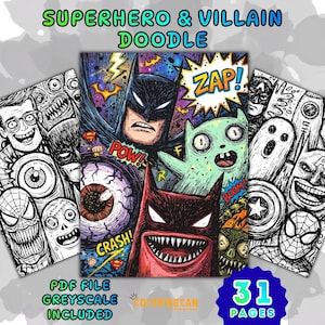 Superhero & Villain Doodle Coloring Page for Adults | Comic Book Style Sheet | Action Hero Line Art | Printable Gift | Instant Download PDF