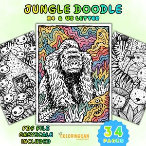 May include: A digital coloring book titled JUNGLE DOODLE with 34 pages in A4 and US Letter sizes. The cover features a central gorilla illustration with colorful wavy lines, flanked by black and white line art of bees and various jungle animals.
