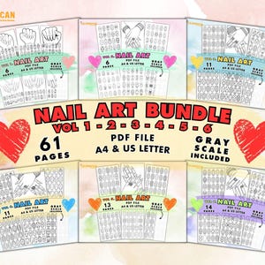 Può includere: Un pacchetto Nail Art con i volumi 1-6, contenente 61 pagine di disegni per unghie in formato PDF. Il pacchetto include disegni in scala di grigi ed è disponibile nei formati A4 e US Letter. Ogni volume mostra un diverso design per unghie.