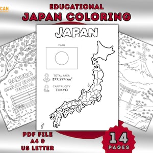 Lehrreiches Japan-Malbuch, lernen Sie kulturelle Aktivität mit digitalen Kartenseiten, japanischen Reiseblättern, druckbare PDF-Arbeitsmappe für alle Altersgruppen