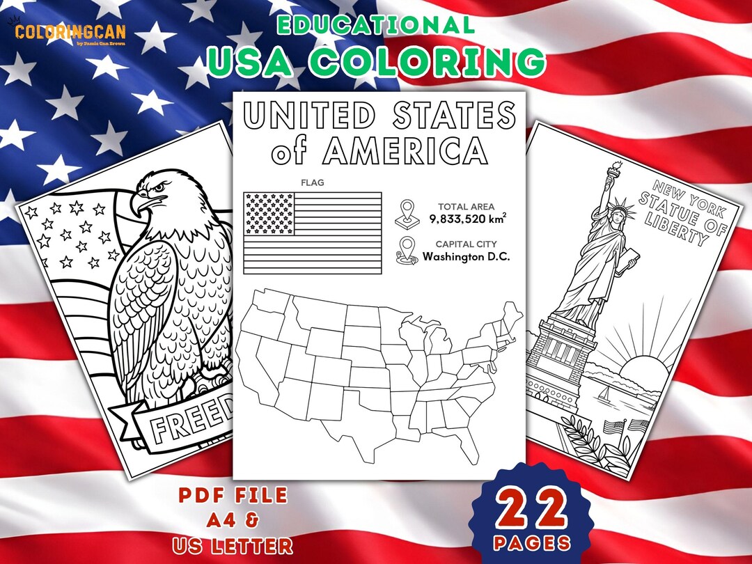 Educational USA Coloring Book, Learn Cultural Activity With Map Digital ...