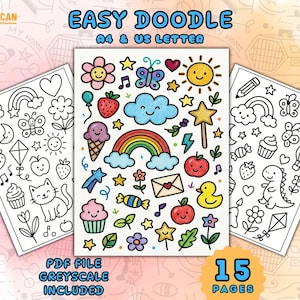 May include: A digital coloring book set titled EASY DOODLE A4 & US LETTER featuring 15 pages of black and white line art. The central page displays colorful illustrations of a rainbow, cloud, strawberry, ice cream, butterfly, and sun.