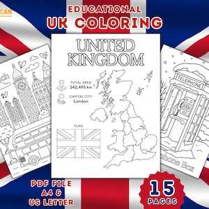 Educational United Kingdom Coloring Book, Learn Cultural Activity with Map Digital Pages, British Travel Sheets, Printable PDF for all Ages