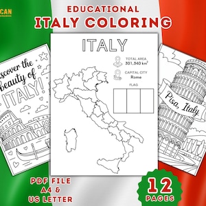 Livro de colorir educativo da Itália, aprenda sobre a cultura italiana com páginas digitais de mapas, folhas de viagem para a Itália, livro de atividades em PDF para imprimir para todas as idades.