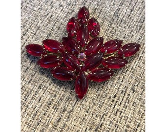 Vintage Red Glass Navette Leaf Brooch