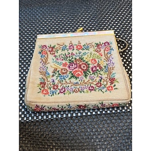 Vintage 20s, 30s, 40s, 50s Floral Tapestry Purse made with mother of pearl details; micro petit point; gold silk lining;evening bag