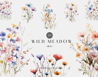 Watercolor Wild Meadow Clipart – Colorful Wildflowers & Spring Floral Borders, Digital Download