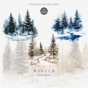 Watercolor Winter Forest Clipart, Winter Woodland Scene Png, Winter Landscape Digital Art, Snowy Forest Watercolor Clipart for Holiday Craft