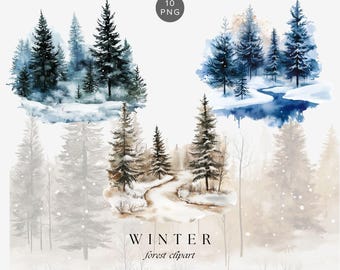 Watercolor Winter Forest Clipart – Snowy Woodland Scene Art, Frosty Landscape Illustration, Digital Download