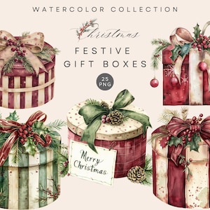 Op de afbeelding: Waterverfillustratie van feestelijke kerstcadeaudozen. De dozen zijn versierd met strikken, hulst en dennenappels. Het kleurenpalet omvat rood, groen en crème. De tekst "Merry Christmas" staat op een label.