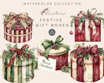 May include: Watercolor illustration of festive Christmas gift boxes. The boxes are round and square, decorated with bows, holly, and pinecones. The color palette includes red, green, and cream. The text "Merry Christmas" is on a tag.