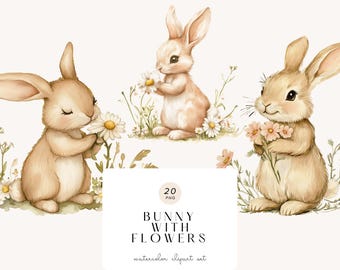 Watercolor Flower Bunny Clipart – Baby Animal Nursery Art, Digital Download