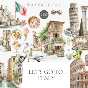 Watercolor Let&#39;s Go to Italy Clipart, Travel graphics, Italian culture , Ancient roman, Italian scenery, Italian street, Colosseum, Tuscany