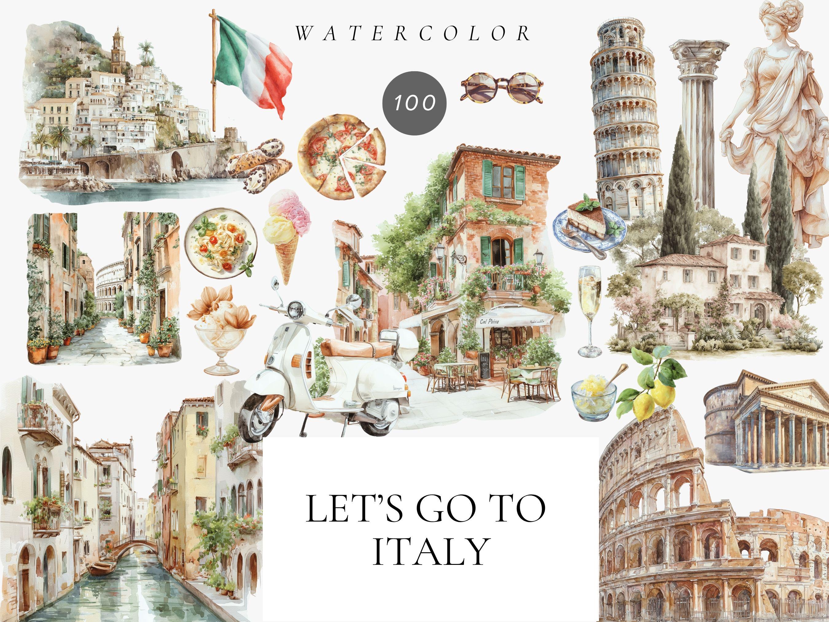 Watercolor Let's Go to Italy Clipart, Travel graphics, Italian culture , Ancient roman, Italian scenery, Italian street, Colosseum, Tuscany