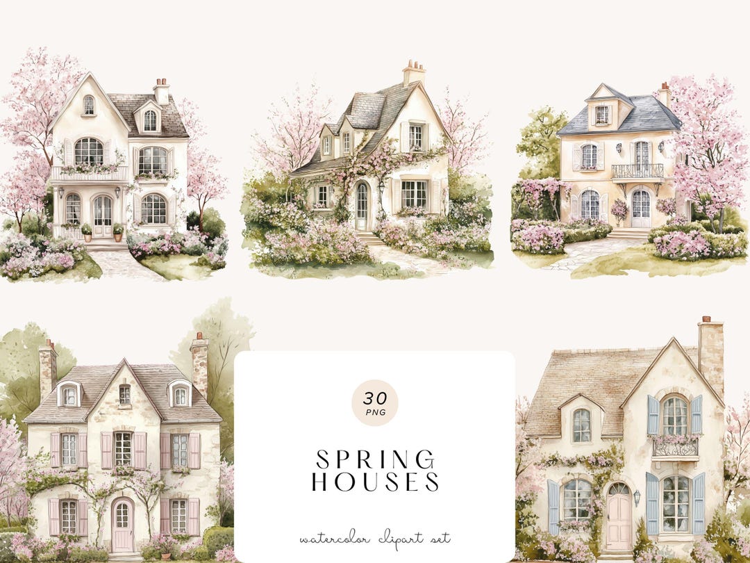 Watercolor Floral House Clipart – Cottage Home Art, Digital Download - Etsy