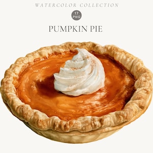 Puede incluir: Una ilustración en acuarela de un pastel de calabaza con una corteza dorada y ondulada, un relleno naranja suave y una porción de crema batida blanca encima. El texto dice WATERCOLOR COLLECTION 17 PNG PUMPKIN PIE en fuente gris oscuro.