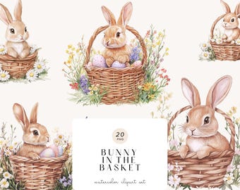 Watercolor Basket Bunny Clipart – Baby Animal Nursery Art, Digital Download