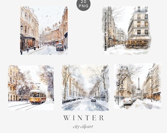 Aquarell Winter Stadt Clipart - verschneite Stadt, verschneite Landschaft, digitaler Download