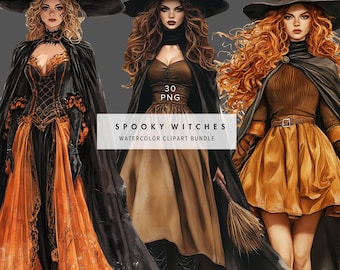 Watercolor Witch Clipart – Vintage Mystical Art, Halloween Illustration, Digital Download