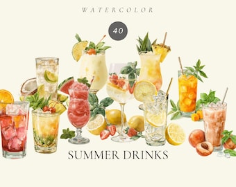 Watercolor Summer Drinks Clipart, Cocktails, Party (PNG Digital Download)