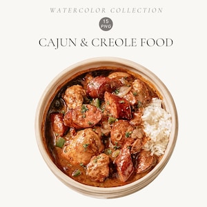 May include: A round bowl containing Cajun and Creole food with sliced sausage, chicken, and white rice. The text above reads WATERCOLOR COLLECTION, 15 PNG, and CAJUN & CREOLE FOOD. The dish features a dark brown sauce with green herbs.