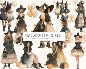 Watercolor Halloween Girls Clipart – Spooky Witchy Art, Trick or Treat Illustration, Digital Download
