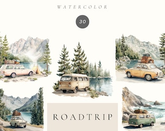 Imágenes prediseñadas de acuarela para viajes por carretera, paisaje de viaje de verano (descarga digital)