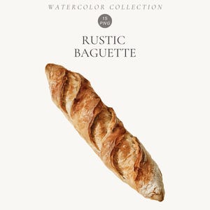 Puede incluir: Una ilustración en acuarela de una baguette de color marrón dorado con una corteza texturizada. El texto superior dice WATERCOLOR COLLECTION, 15 PNG y RUSTIC BAGUETTE. La baguette está colocada en diagonal sobre un fondo claro y liso.