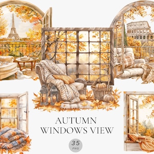Puede incluir: Ilustración en acuarela de escenas otoñales a través de ventanas abiertas. La imagen presenta interiores acogedores con mantas, calabazas y vistas de la Torre Eiffel y el Coliseo. Se muestra el texto "AUTUMN WINDOWS VIEW".
