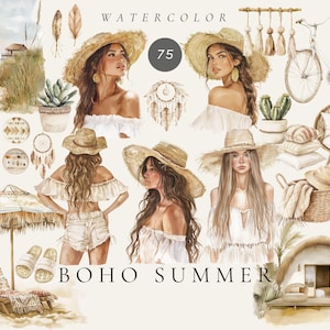 Clipart de verão boho em aquarela, gráficos png de verão, clipart de praia boho, interior boho, clipart de garota de verão, clipart de planta de casa, casa boho
