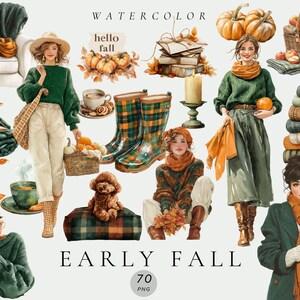 Op de afbeelding: Waterverfillustratie met een "Early Fall" thema. De afbeelding toont vrouwen, pompoenen, boeken en herfstkleding. De tekst "Watercolor" en "Early Fall" zijn zichtbaar. De afbeelding bevat een verscheidenheid aan herfstthema-elementen.