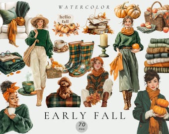 Watercolor Early Fall Clipart – Cozy Pumpkin Leaves Art, Fashion Illustration, Digital Download