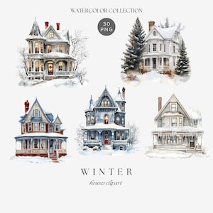Imágenes prediseñadas de casas de invierno en acuarela, imágenes prediseñadas de paisajes de invierno, gráficos PNG de casas acogedoras, paisajes de invierno PNG, cabañas de invierno, gráficos PNG de casas