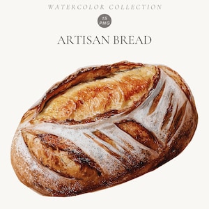 Puede incluir: Una ilustración en acuarela de una hogaza de pan artesanal con corteza marrón dorada y espolvoreado de harina. El texto superior dice WATERCOLOR COLLECTION, 15 PNG y ARTISAN BREAD. El pan presenta marcas de corte profundas en la superficie.